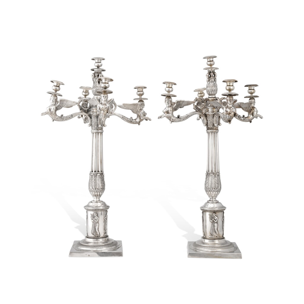 View full screen - View 1 of Lot 197. A pair of German silver five-light candelabra, maker's mark WH, Berlin, circa 1820.