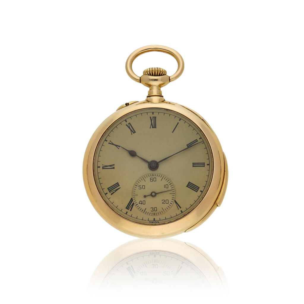 View full screen - View 1 of Lot 109. A yellow gold open faced watch with 5-minute repeater, Circa 1910.