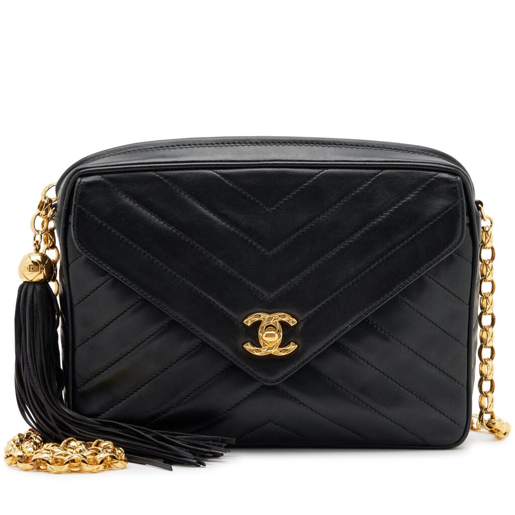 View full screen - View 1 of Lot 152. Vintage Black Chevron Lambskin Camera Bag Gold Hardware, 1991-1994.