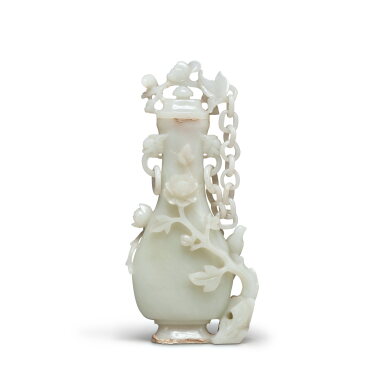 View full screen - View 1 of Lot 51. A pale celadon jade 'peony' vase and cover, Qing dynasty, 19th century.