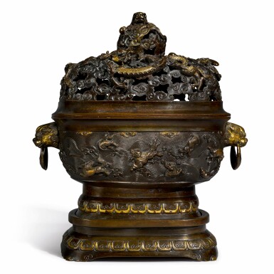 View full screen - View 1 of Lot 256. A parcel-gilt bronze censer and cover, 17th century | 十七世纪 銅局部鎏金海獸紋鋪首耳熏爐.