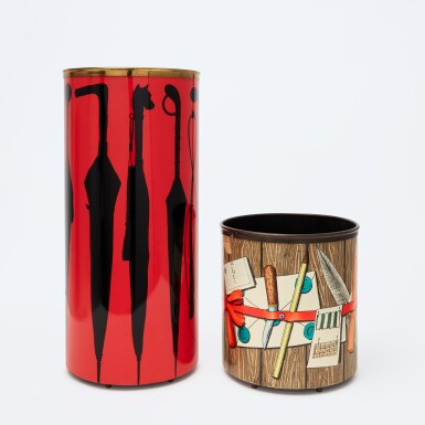 View full screen - View 1 of Lot 112. Piero Fornasetti, "Ombrelli A Silhouettes" Umbrella Stand and "Oggetti con Nastro" Wastepaper Bin.