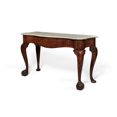 View full screen - View 1 of Lot 872. A Chippendale Manchineel Serpentine Marble-Top Pier Table, Goddard-Townsend School, Newport, Rhode Island, circa 1770.
