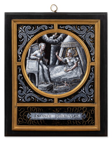 View full screen - View 1 of Lot 124. A Limoges grisaille painted enamel medallion with the Birth of Hercules, 16th century.