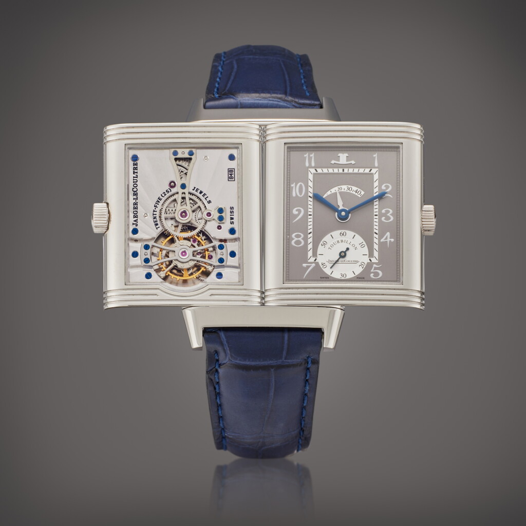 View full screen - View 1 of Lot 156. Reference 217.64.40 Reverso Number Two | A limited edition platinum reversible tourbillon wristwatch with power reserve indication, Circa 2007.