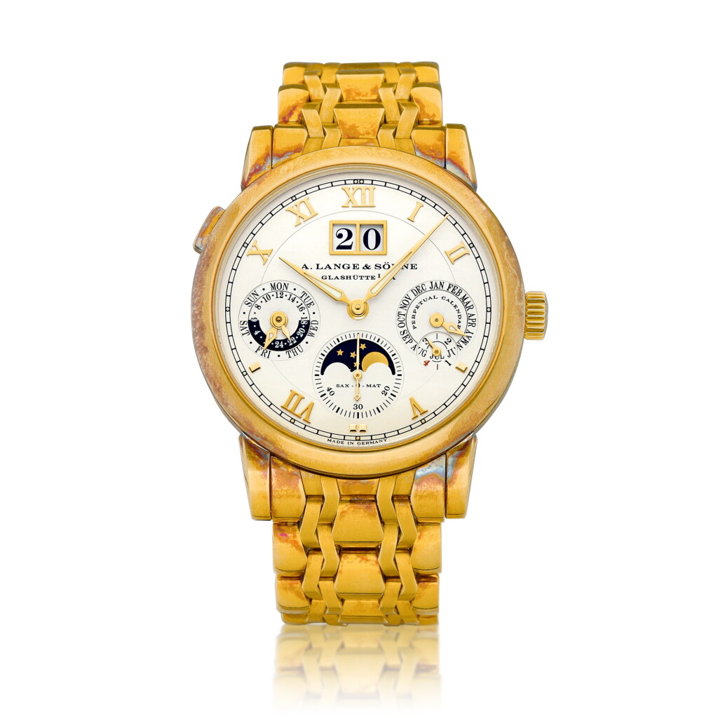 View full screen - View 1 of Lot 2235. Langematik Perpetual, Reference 310.221 | A yellow gold perpetual calendar wristwatch with digital date display, day, moon phases, leap year, 24 hours indication, zero-reset mechanism and bracelet, Circa 2004 | 朗格 | Langematik Perpetual 型號310.221 | 黃金萬年曆鏈帶腕錶,備數位日期、星期、月相、閏年、24小時顯示及歸零裝置,約2004年製.