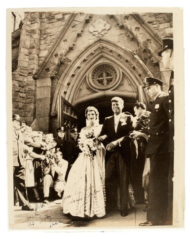 View full screen - View 1 of Lot 66. John F. Kennedy | Photograph of his wedding inscribed by him and Jackie Kennedy, 1953.