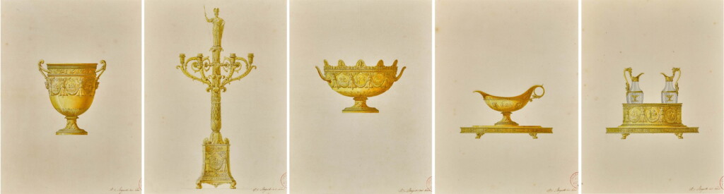 View full screen - View 1 of Lot 190. CHARLES PERCIER | FIVE DESIGNS FOR TABLEWARE: A) AN ICE BUCKET B) A CANDELABRUM C) A VERRIÈRE D) A SAUCIÈRE E) A CRUET.
