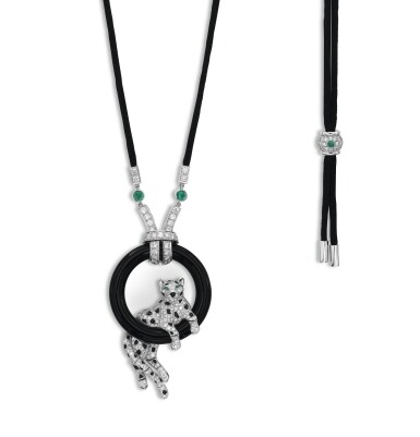View full screen - View 1 of Lot 1662. Cartier | 'Pantheré' Diamond, Onyx and Emerald Pendent Necklace | 卡地亞 | 'Pantheré' 鑽石 配 縞瑪瑙 及 祖母綠 項鏈.