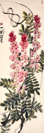 Attributed to Qi Baishi, Wisteria, Ink and color on paper, hanging scroll