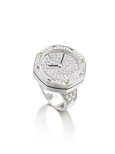 View full screen - View 1 of Lot 2090. AUDEMARS PIGUET | A WHITE GOLD AND DIAMOND-SET RING WATCH, CIRCA 2000 | 愛彼 | 白金鑲鑽石戒指錶,錶殼編號D94812,約2000年製.