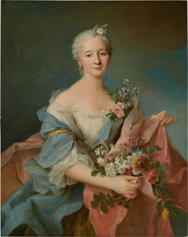 View full screen - View 1 of Lot 91. Portrait of a lady holding flowers | Porträt einer Dame mit Blumen.