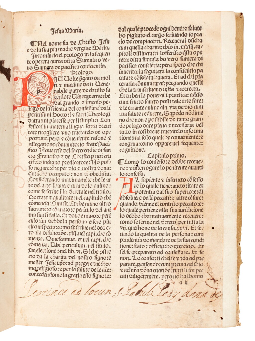 View full screen - View 1 of Lot 195. Pacificus Novariensis, Sommola de pacifica coscienza, Brescia, 1497, later vellum.