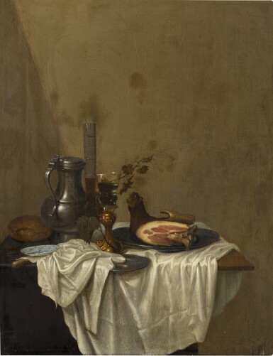 View full screen - View 1 of Lot 360. Still life with a pewter jug, roemers and a leg of ham, together on a table draped with a white tablecloth.