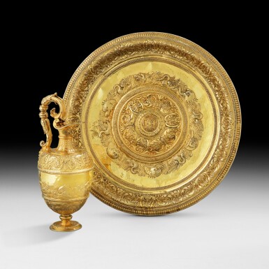 View full screen - View 1 of Lot 13. A silver-gilt ewer and basin, illegible marks, probably Palermo circa 1595 | Aiguière et son bassin en vermeil, poinçons illisibles, probablement Palerme vers 1595.