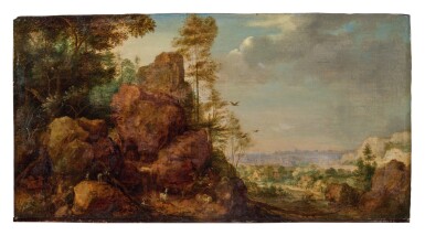 View full screen - View 1 of Lot 263. Mountainous Landscape with a Rocky Outcrop by the Edge of a Wood, a Village Beyond.