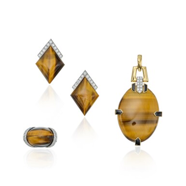 View full screen - View 1 of Lot 292. Gold, Tiger's Eye, Enamel and Diamond Suite of Jewels.