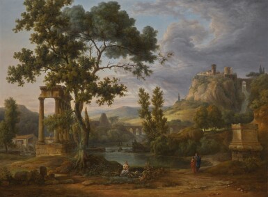 View full screen - View 1 of Lot 148. CIRCLE OF PIERRE-HENRI DE VALENCIENNES | An extensive mountainous classical Italianate landscape with figures by a small lake, a hill-top town to the right.