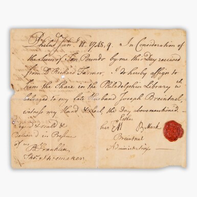 View full screen - View of Benjamin Franklin | An unusual double Library Company membership document.