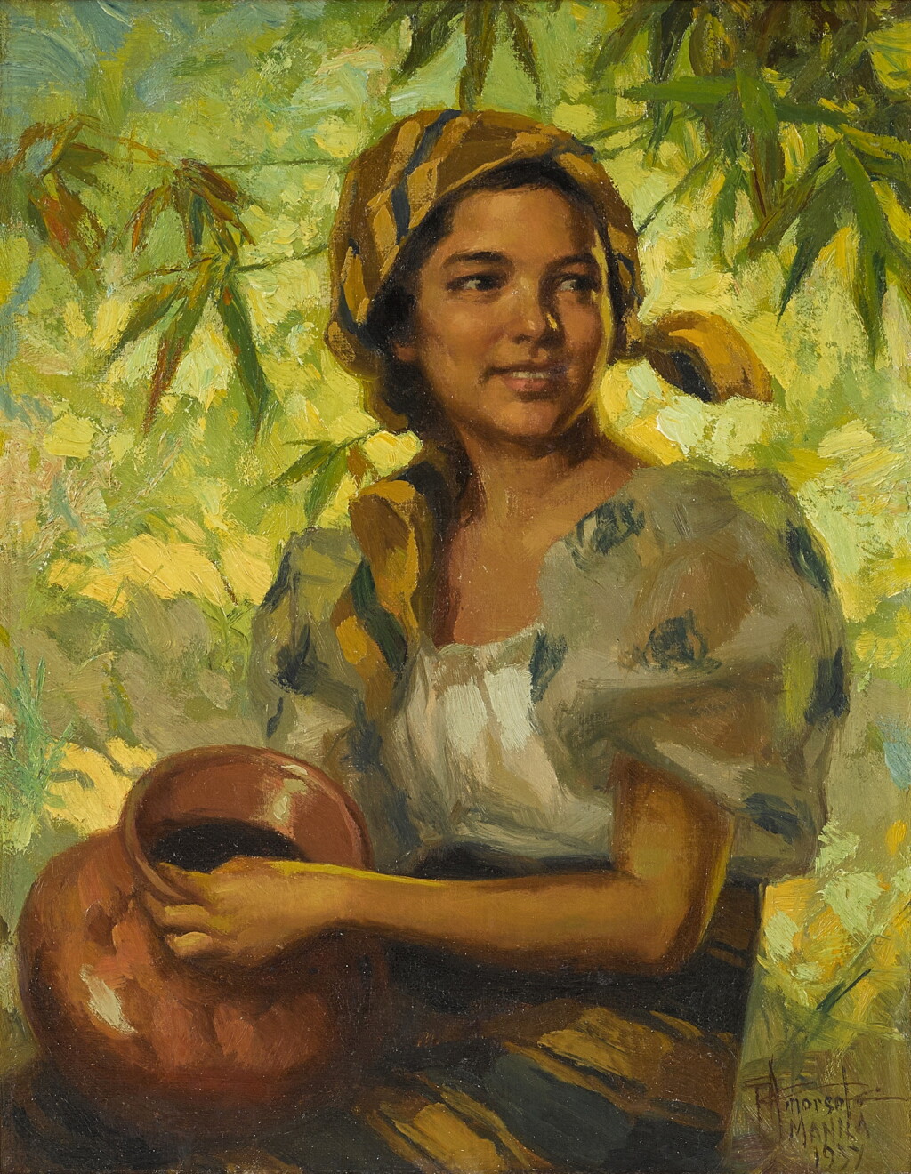 View full screen - View 1 of Lot 178. Fernando Cueto Amorsolo 阿莫索羅 | Lady Holding a Banga 手持水罐的女人.