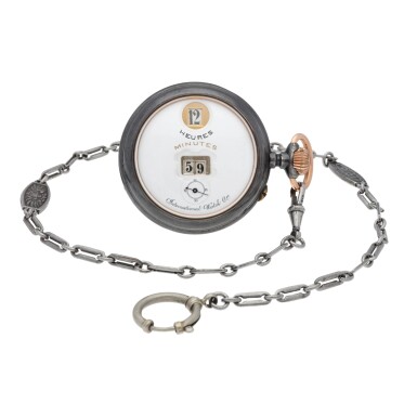 View full screen - View 1 of Lot 118. 'Pallweber', No. 22320 A gun metal open-faced keyless lever jump hour watch Circa 1886.