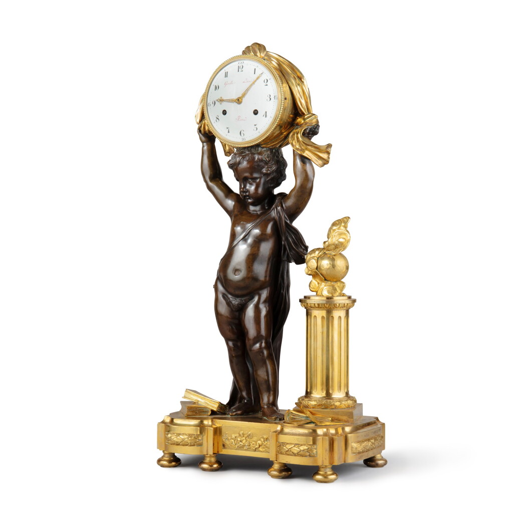 View full screen - View 1 of Lot 39. A Louis XVI gilt and patinated bronze mantel clock | Pendule de cheminée en bronze doré et bronze, d'époque Louis XVI.