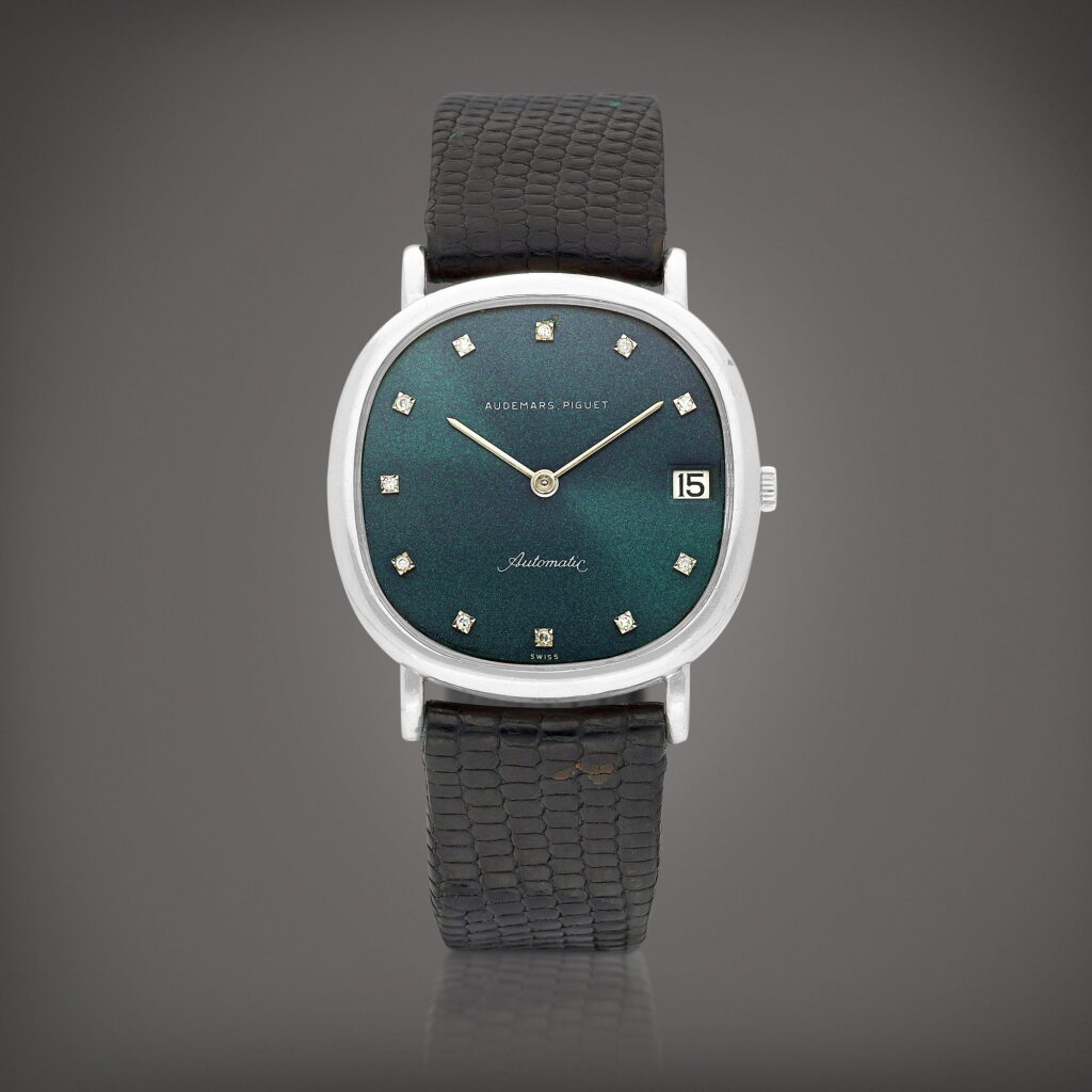 View full screen - View 1 of Lot 8803. A white gold and diamond-set wristwatch with date, Circa 1970 | 愛彼 | 白金鑲鑽石腕錶,備日期顯示,約1970年製.