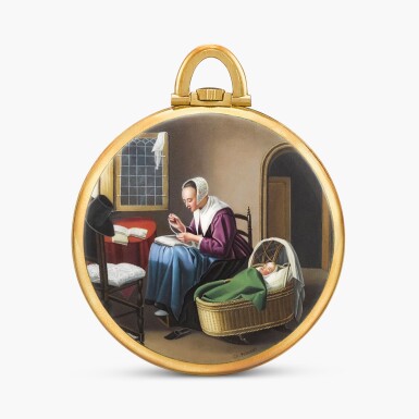 View full screen - View 1 of Lot 2362. A unique exceptional museum quality yellow gold openface keyless lever watch with hand-painted enamel miniature by Charles Poluzzi, after the painting Plaque of a Dutch woman tatting lace by Johannes Vermeer, Made in 1949.