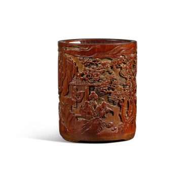 View full screen - View 1 of Lot 105. A carved bamboo ‘visiting friends’ brushpot, Signed Shang Xun.