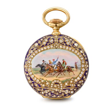 View full screen - View 1 of Lot 1340. A fine gold, enamel and diamond-set open-faced keyless lever watch made for the Indian market with polychrome enamel painted scene by P.-A. Champod Invoiced 19 November 1904, no. 1307054.
