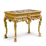 A George III carved giltwood side table, with an Italian specimen marble top, the stand possibly incorporating 18th century elements
