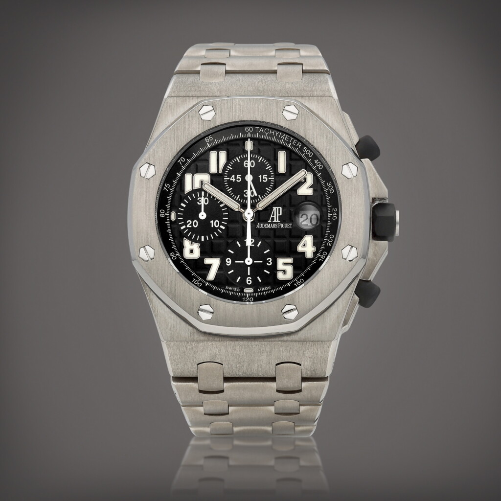 全萤幕检视 - 查看8762Royal Oak Offshore, Reference 25721TI.OO.1000TI.06 | A titanium chronograph bracelet watch with date, Circa 2006 | 愛彼 皇家橡樹離岸型系列 型號25721TI.OO.1000TI.06 | 鈦金屬計時鏈帶腕錶,備日期顯示,約2006年製的1