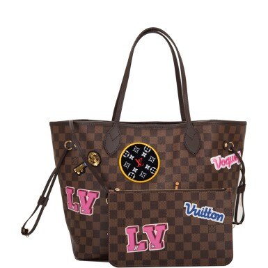 View full screen - View 1 of Lot 86. Louis Vuitton Patches Neverfull MM of Damier Ebene Canvas with Polished Brass.