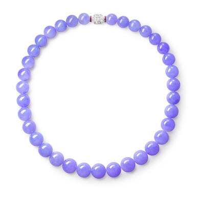 View full screen - View 1 of Lot 1836. A Very Rare and Large Lavender Jadeite Bead, Diamond and Ruby Necklace | 非常珍罕碩大 天然紫色翡翠珠 配 鑽石 及 紅寶石 項鏈.