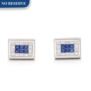 View full screen - View 1 of Lot 1102. Pair of Sapphire and Diamond Cufflinks | 格拉夫| 藍寶石 配 鑽石 袖扣一對 (藍寶石及鑽石共重約1.50及1.40克拉).
