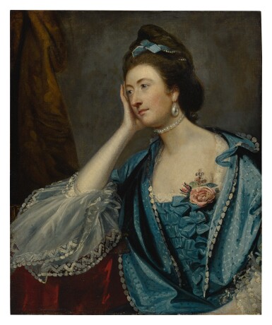View full screen - View 1 of Lot 642. SIR JOSHUA REYNOLDS P.R.A. | PORTRAIT OF A LADY, PROBABLY MISS JANE ASHTON, HALF LENGTH, IN A BLUE DRESS WITH WHITE LACE CUFFS.