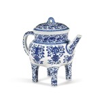A fine and rare blue and white 'Eight Buddhist Emblems' ewer and cover (He), Seal mark and period of Qianlong