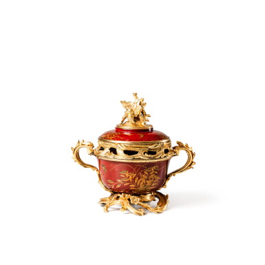 View full screen - View 1 of Lot 43. A Louis XV gilt-bronze mounted lacquer pot-pourri, circa 1750, with a crowned C | Pot-pourri en laque et bronze doré d'époque Louis XV, vers 1750, au C couronné.