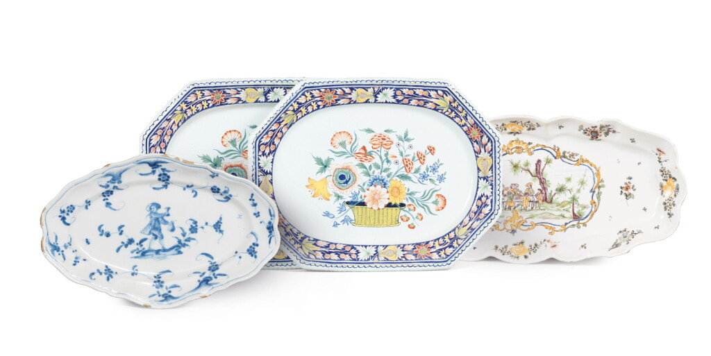 View full screen - View 1 of Lot 61. A set of two Rouen earthenware serving dishes, circa 1735, and two French earthenware serving dishes, probably Moustiers, second half 18th century.