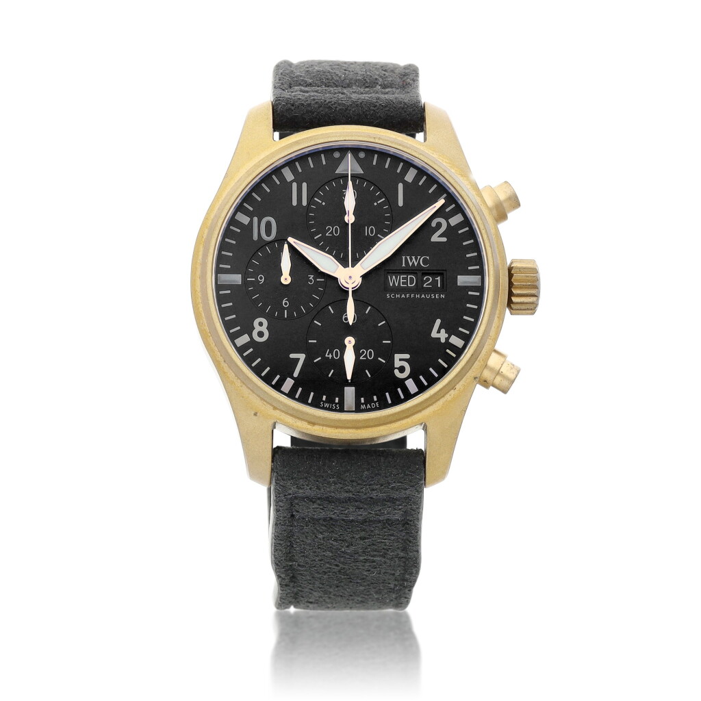View full screen - View 1 of Lot 8065. Pilot, Reference IW387907 | A limited edition bronze chronograph wristwatch with day and date, retailed by MR porter, Circa 2021 | 萬國 | 飛行員系列 型號IW387907 | 限量版青銅計時腕錶,備日期及星期顯示,由MR porter發行,約2021年製.