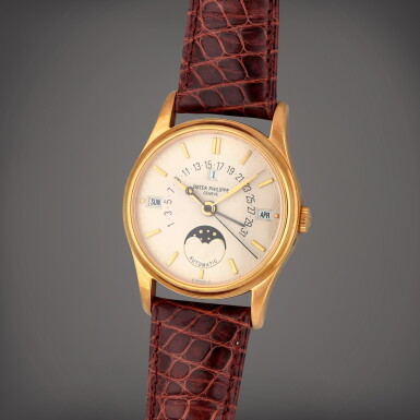 View full screen - View 1 of Lot 30. Reference 5050R | A pink gold perpetual calendar wristwatch with retrograde date and moon phases | Circa 1995 | 百達翡麗 | 型號5050R | 粉紅金萬年曆腕錶備逆跳日期及月相顯示,製作年份約1995.