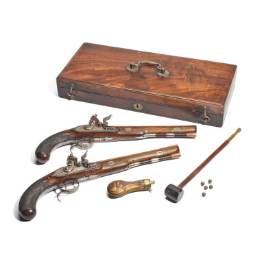 View full screen - View 1 of Lot 25. A pair of 28 bore flintlock duelling pistols by Manton, with earlier barrels by Robert Wogdon, early 19th century.