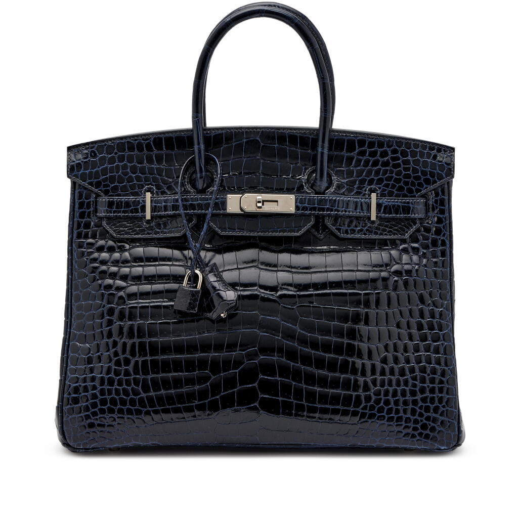 View full screen - View 1 of Lot 25. Bleu Marine Shiny Porosus Crocodile Birkin 35 Palladium Hardware, 2010.