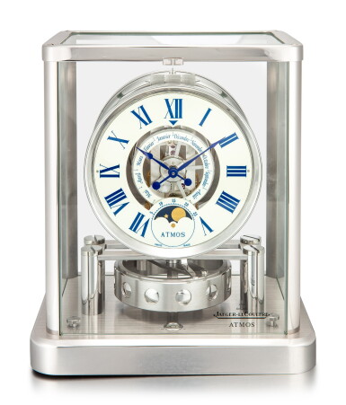 View full screen - View 1 of Lot 110. JAEGER-LECOULTRE | ATMOS CLASSIQUE PHASES DE LUNE, REFERENCE 5112202, A RHODIUM-PLATED BRASS ATMOS CLOCK WITH MONTH AND MOON PHASES, CIRCA 2010.