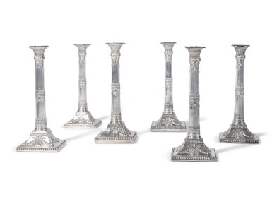 View full screen - View 1 of Lot 196. SIX MATCHING GEORGIAN SILVER CANDLESTICKS, PATRICK ROBERTSON, EDINBURGH, 1755 (4) / 1764 (2) .