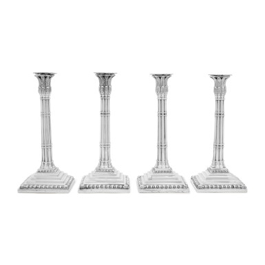 View full screen - View 1 of Lot 16. Four Matching George III Silver Candlesticks, Ebenezer Coker, London, 1766-1770.