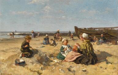 View full screen - View 1 of Lot 394. Children playing on the beach.