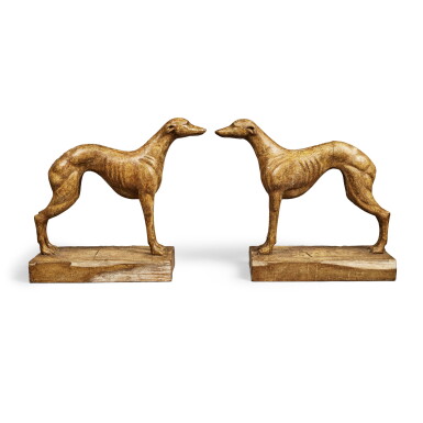 View full screen - View 1 of Lot 588. A Pair of Carved and Painted Wood Figures of Standing Whippets, Late 19th/Early 20th century.