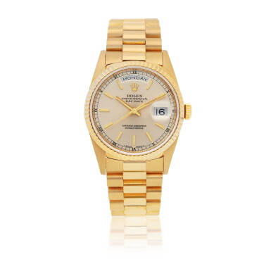 View full screen - View 1 of Lot 6. ROLEX | DAY-DATE, REF 18238 YELLOW GOLD WRISTWATCH WITH DAY DATE AND BRACELET CIRCA 1991.