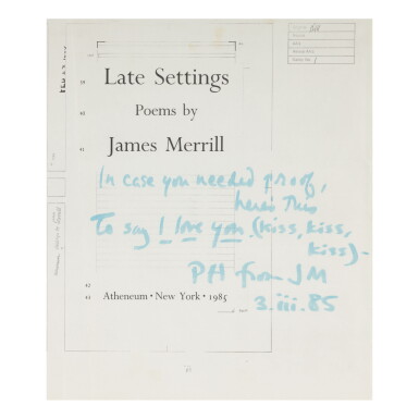 View full screen - View 1 of Lot 116. JAMES MERRILL | LATE SETTINGS. NEW YORK: ATHENEUM, 1985.
